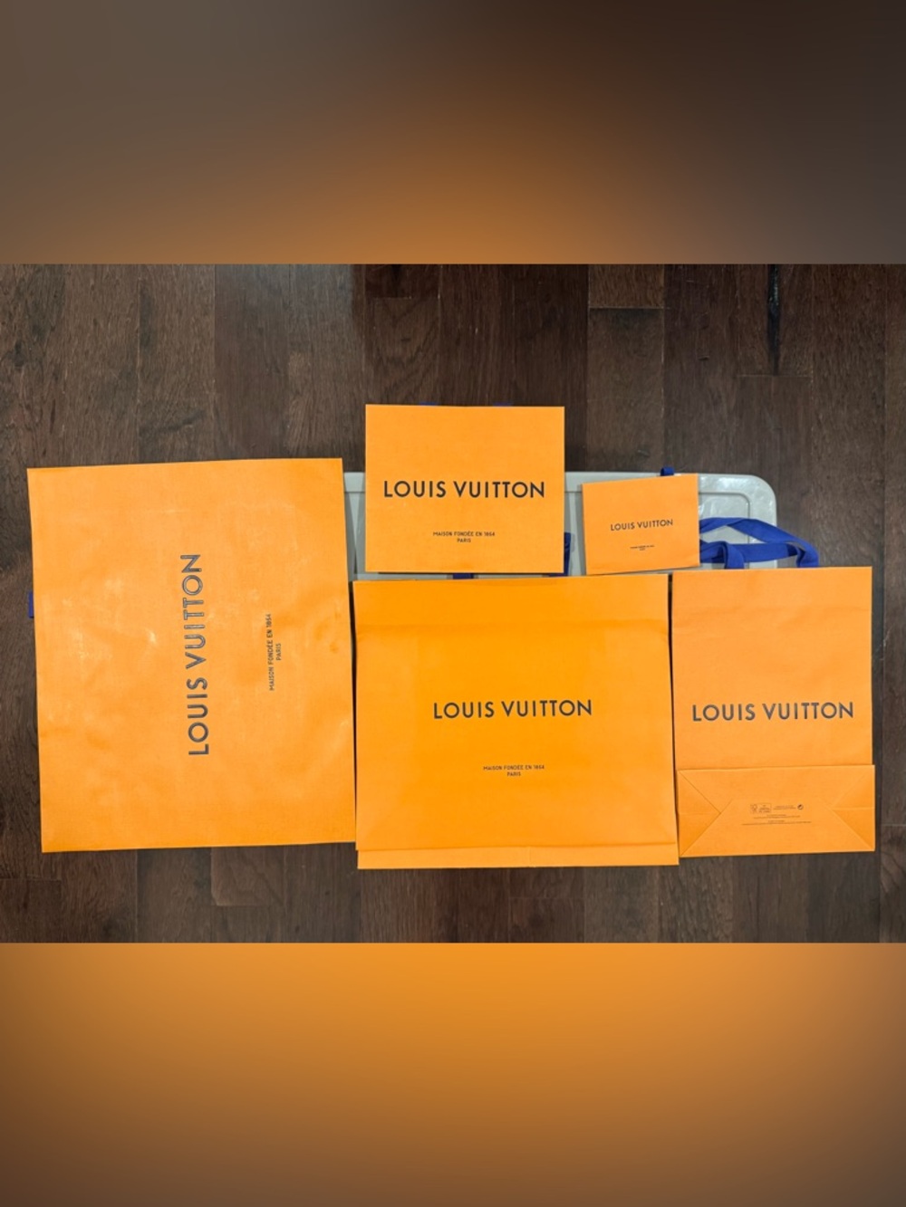 Set of 6 Louis Vuitton Orange Shopping Bags with Blue Handles - Multiple Sizes